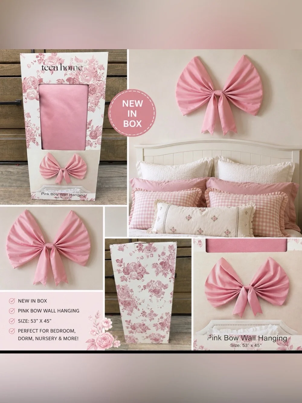 NIB Teen Home Pink Satin Bow Wall Hanging 53” x 45”